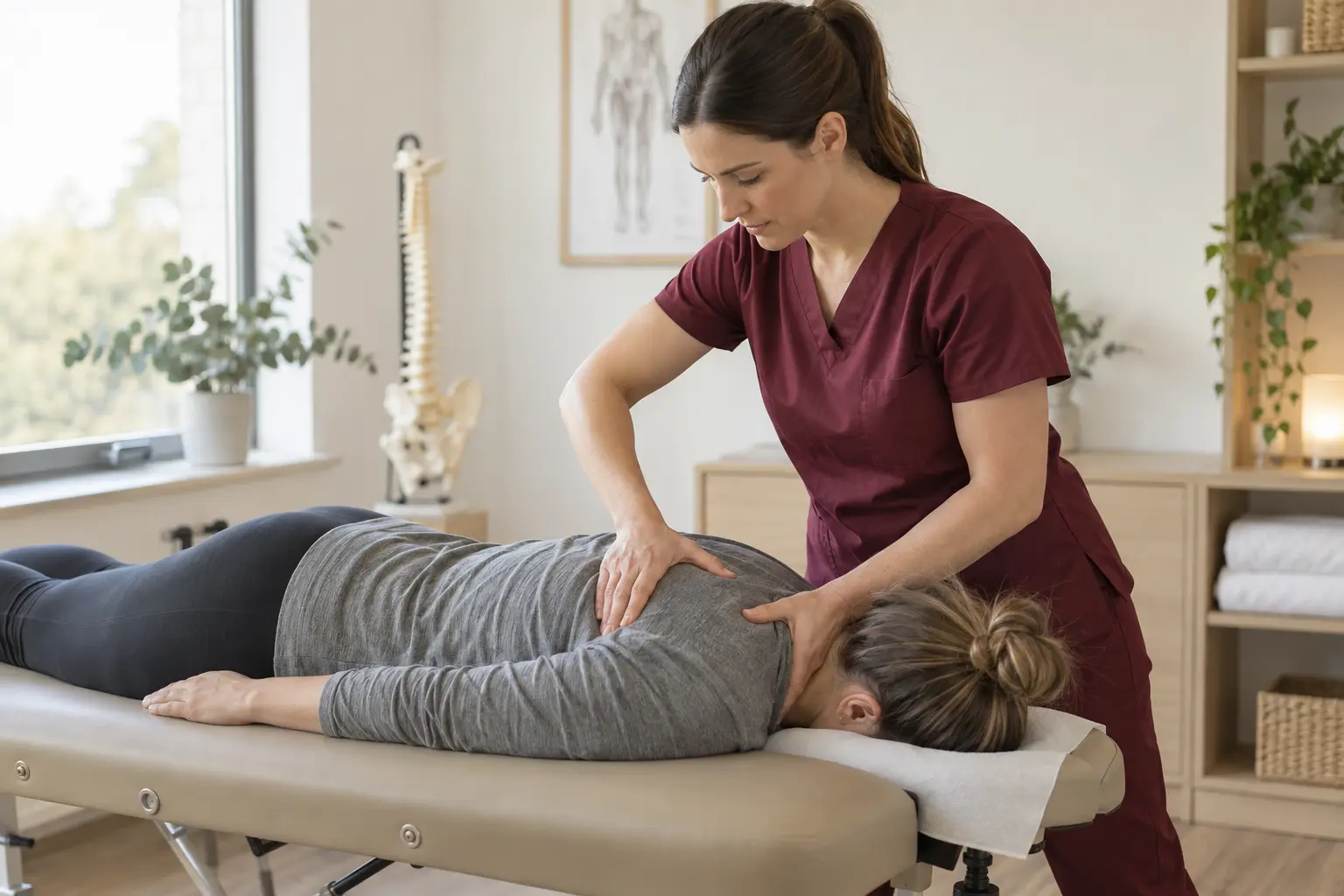 Fisioterapeuta realizando terapia manual en consulta